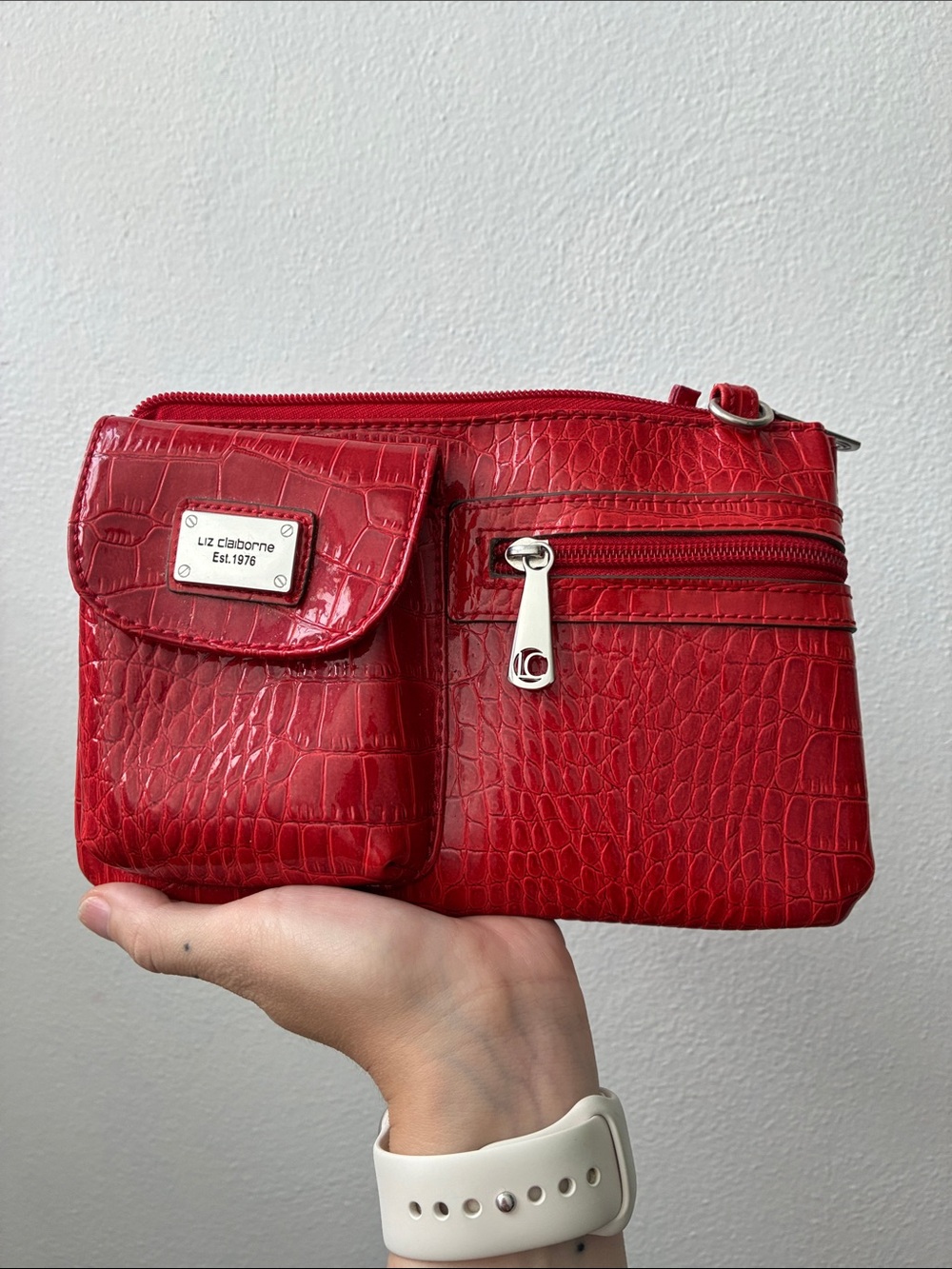 Liz Claiborne Red Croc-Embossed Wristlet Clutch with Front Pocket